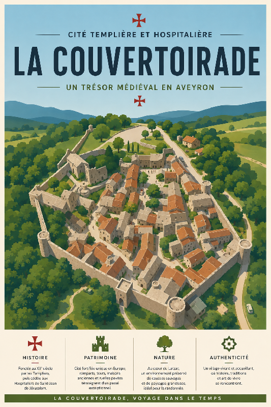 Affiche illustrée Cité templière et hospitalière de La Couvertoirade dans un style moderne simplifié