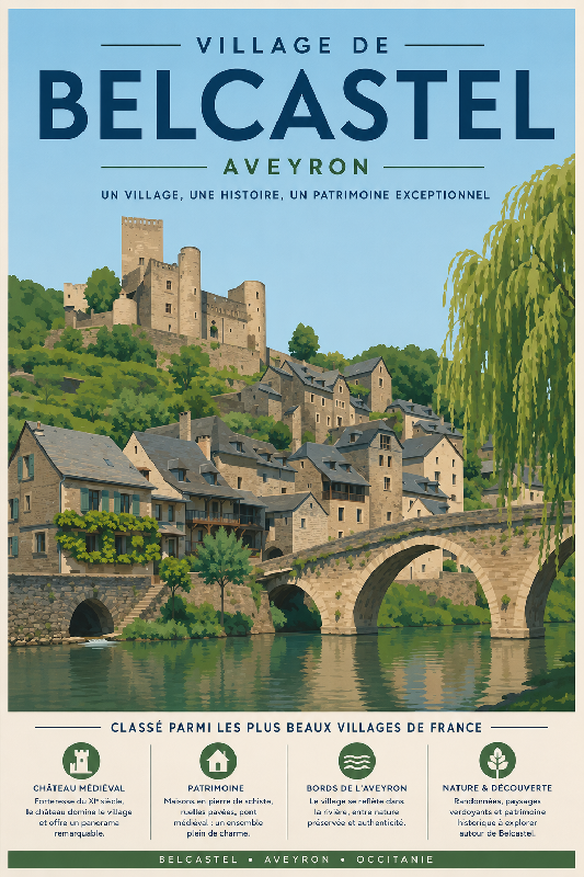 Affiche illustrée Village de Belcastel dans un style moderne simplifié