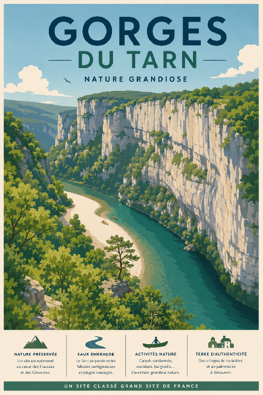 Affiche illustrée Gorges du Tarn dans un style moderne simplifié