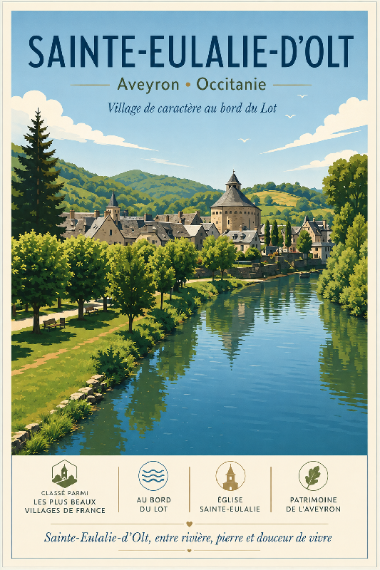 Affiche illustrée Village de Sainte-Eulalie-d'Olt dans un style moderne simplifié
