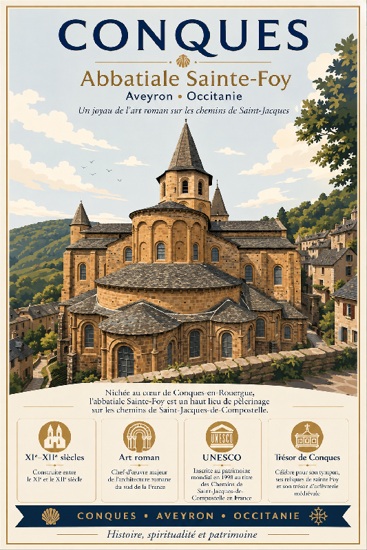 Affiche illustrée Abbatiale Sainte-Foy de Conques dans un style moderne simplifié