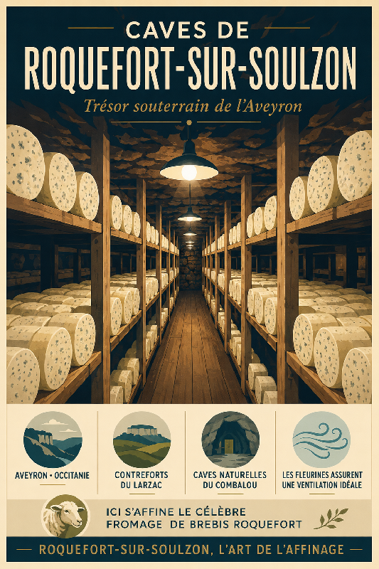 Affiche illustrée Caves de Roquefort-sur-Soulzon dans un style moderne simplifié