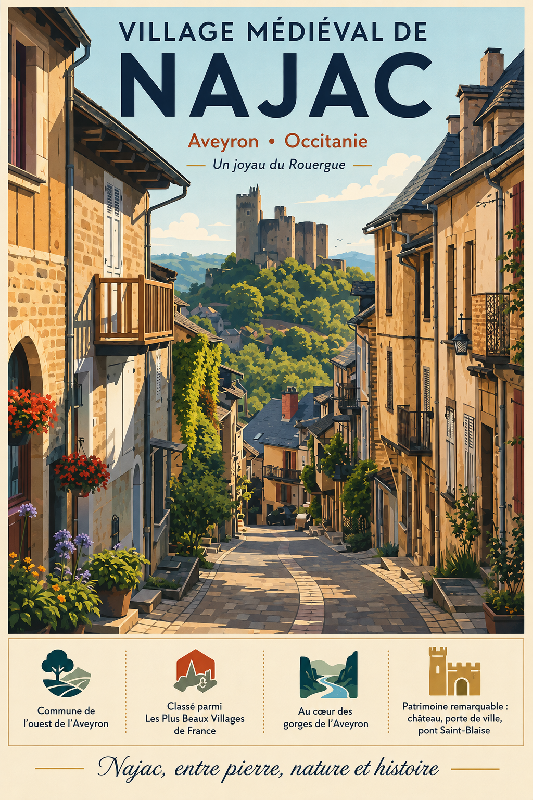 Affiche illustrée Village médiéval de Najac dans un style moderne simplifié