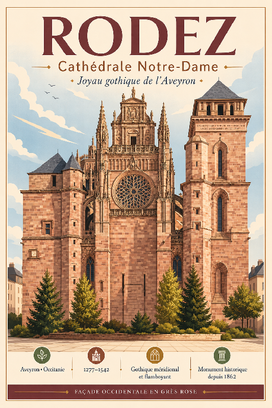 Affiche illustrée Cathédrale Notre-Dame de Rodez dans un style moderne simplifié