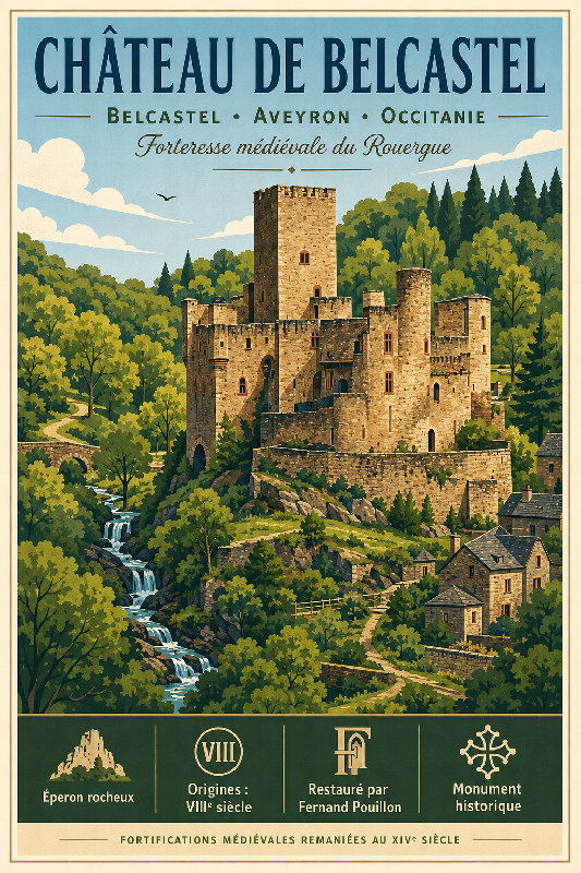 Affiche illustrée Château de Belcastel dans un style moderne simplifié